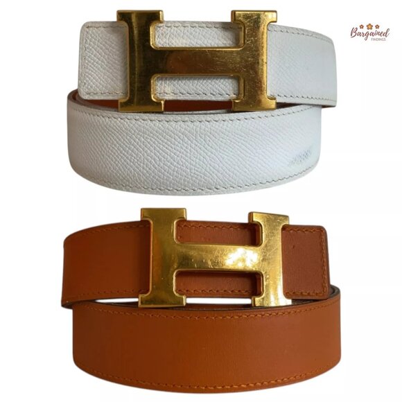 Authentic HERMES 32mm White/Orange Leather H Gold Reversible Buckle Belt 75/30 - Picture 1 of 12